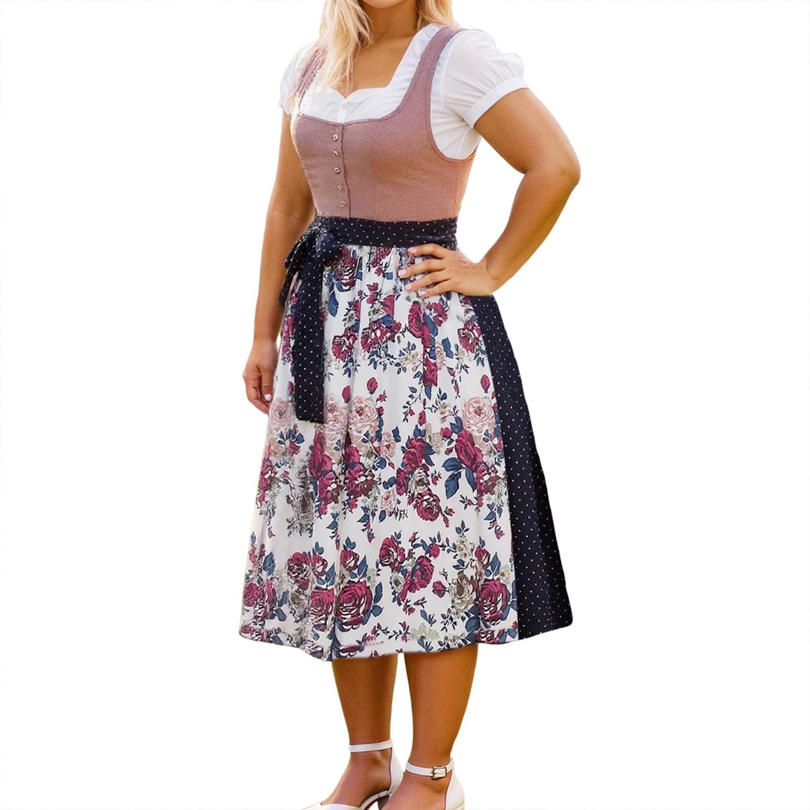 SKFLABOOF Dirndl Midi Damen Lang Trachtenrock Langes Grosse Grössen Samt Dindl Gr 50 Oktoberfest Outfit Dirndlkleid Modern Bluse Schürze Kurz Mit 'Dirndl Stretch Baumwolle