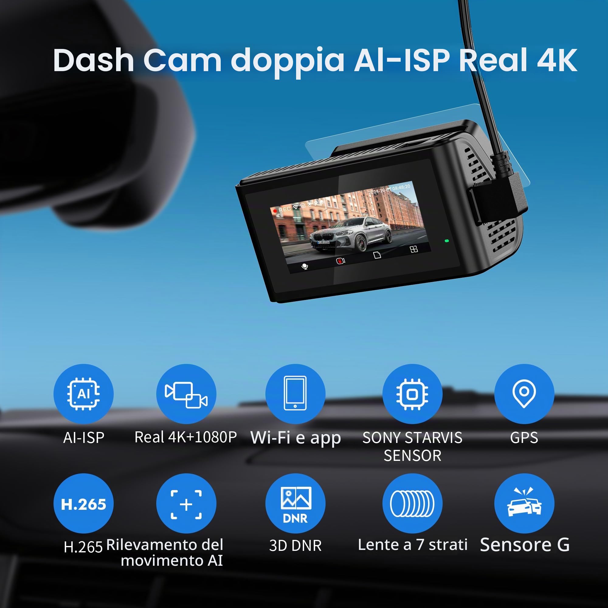 Dash Cam Auto 4K Anteriore e Posteriore, Visione Notturna True Color, Schermo IPS 3,16”, WiFi GPS Integrato, Monitoraggio Parcheggio 24H, Rilevamento AI, Pre-Registrazione, Registrazione in Loop, D11