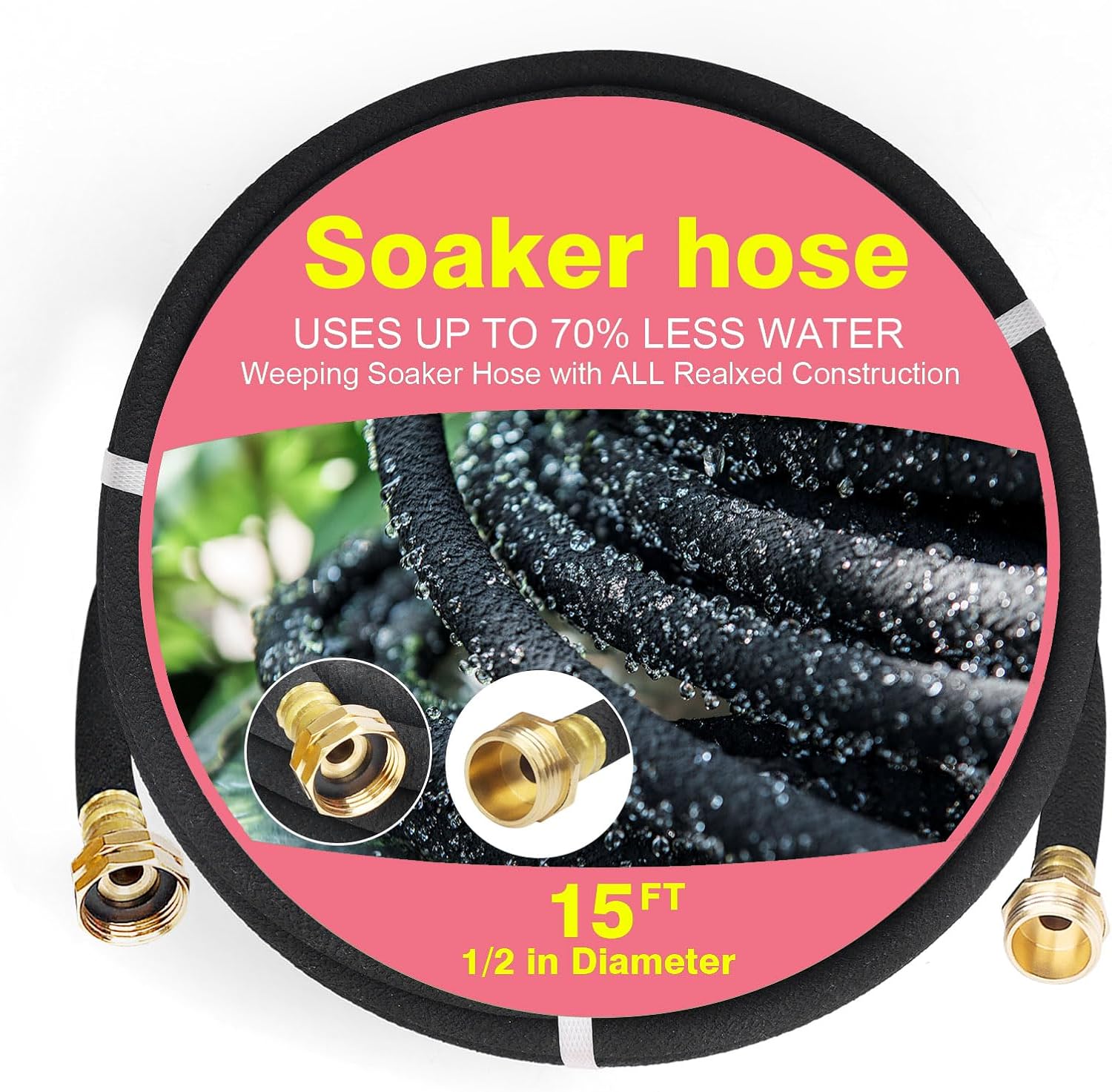 Soaker Hose 15 FT Pro for Garden Beds 1/2 Inch Rubber Longer Lasting Drip Irrigation Save 70% of Water Various Accessories Great for Lawn and Yard