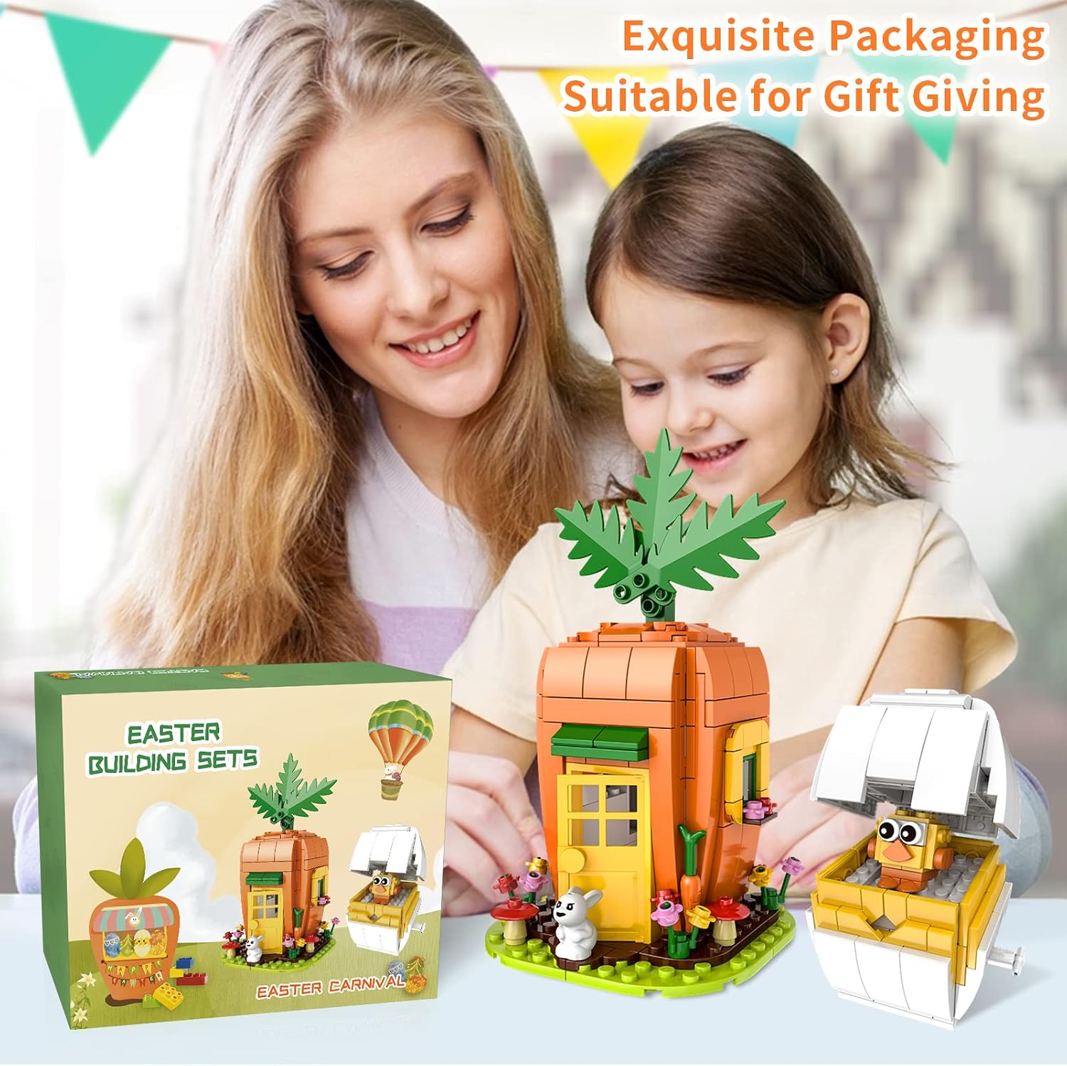 Sawaruita Easter Egg and Easter Bunny’s Carrot House Building Brick Kit-Easter Egg Fillers or Easter Basket Stuffer Toy,Building Blocks Easter Toy Gift for Kids Age 6+