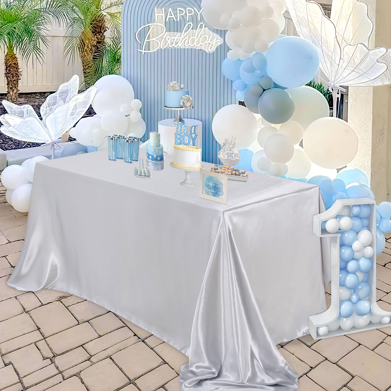 B-COOL Mantel de satén plateado: mantel de seda brillante para fiesta de boda, paquete de 2 paquetes de 59 x 120 pulgadas, rectangular, para mesa de Pascua, para vacaciones, bodas, fiestas, eventos