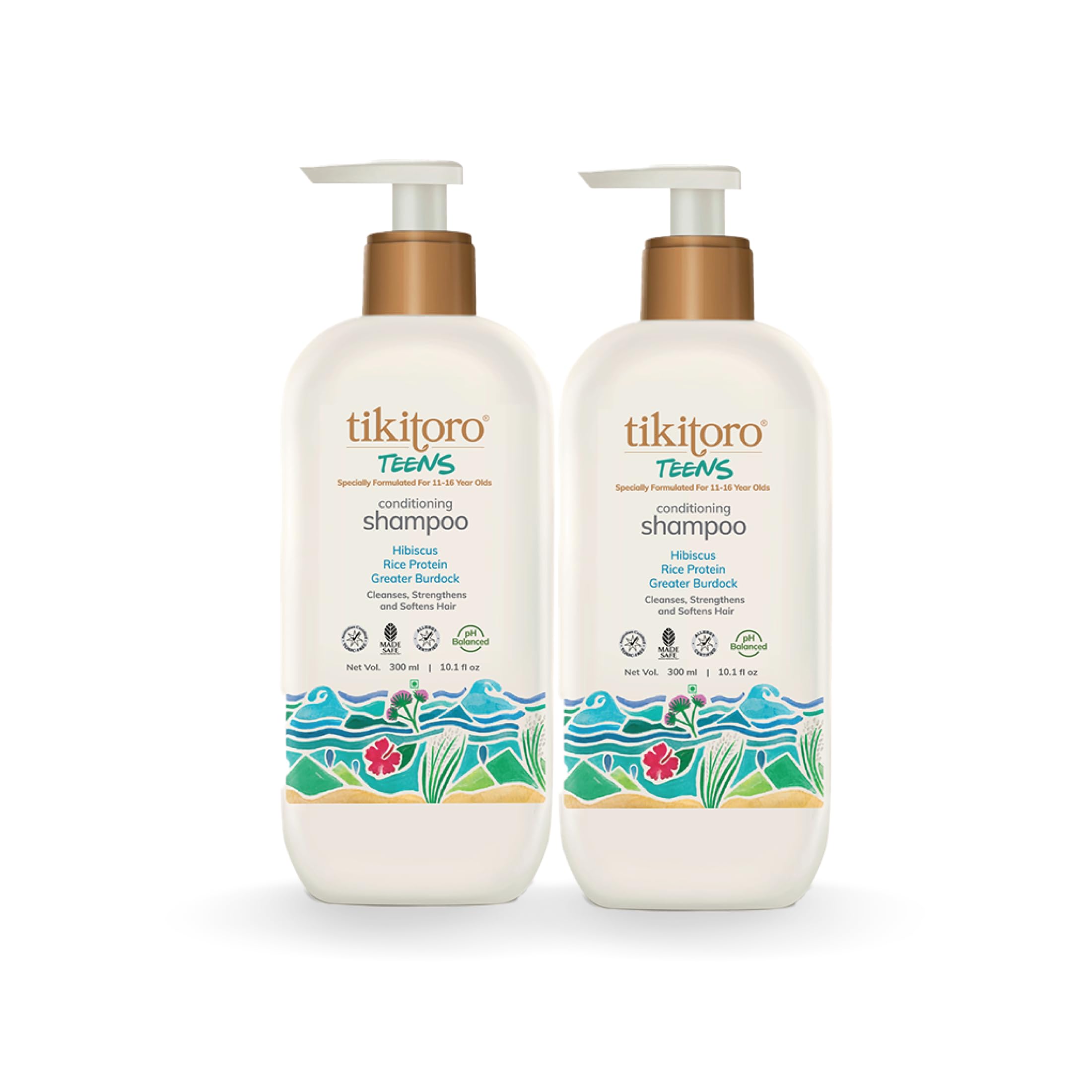 Tikitoro Teens Conditioning Shampoo, 100% Vegan with Hibiscus, Rice Protein, and Greater Burdock Extract, Cleanses, Strengthens & Softens Hairs, (Age: 11+) (300ml x 2)