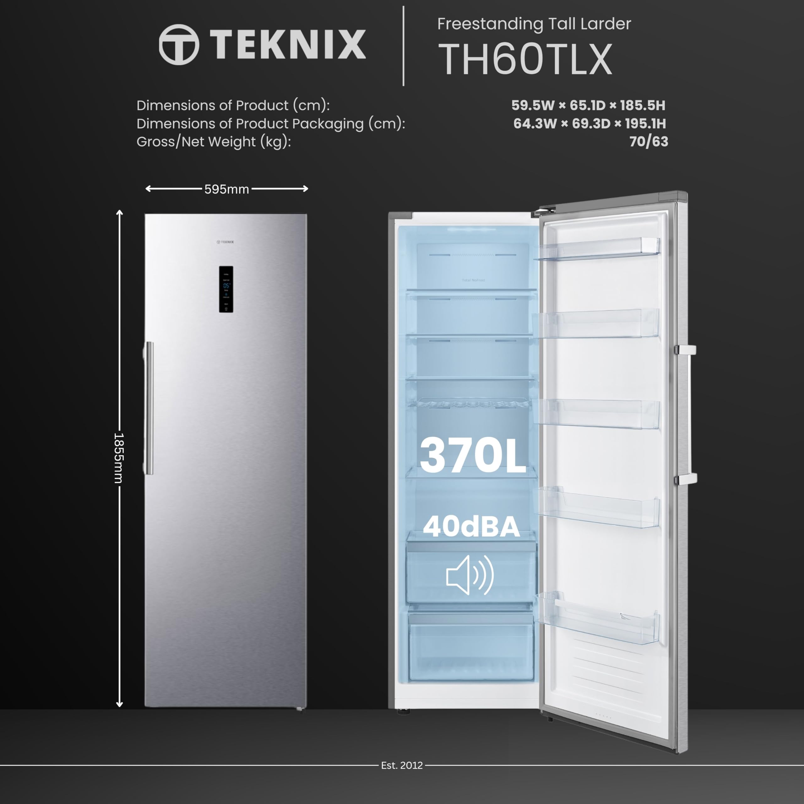 Teknix TH60TLX 60cm Freestanding Tall Larder Fridge - 370L Capacity - Metal Tech Cooling - Chrome Wine Rack - Stainless Steel - E Rated, H185.5 x W59.5 x D65.1 (cm) — view 6