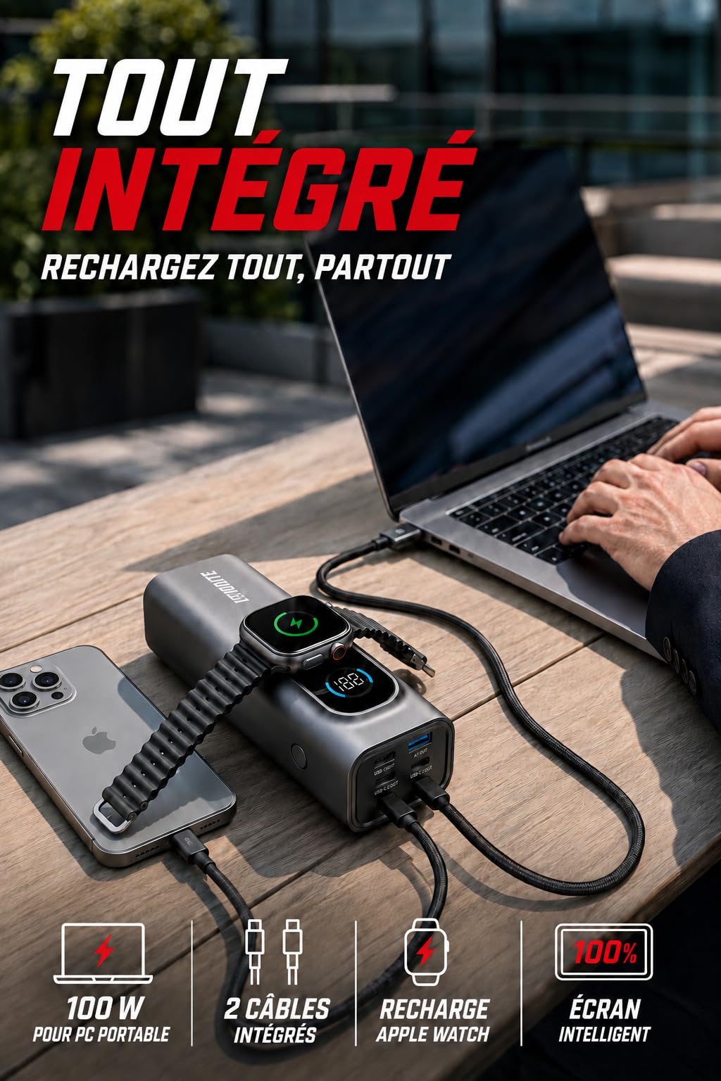 LITIONITE Numo Batterie Externe 25000 mAh 170W, 2 Câbles USB-C Intégrés 100W, Recharge Magnétique Compatible Apple Watch, Power Bank pour PC Portable, MacBook, iPhone, iPad et Nintendo Switch