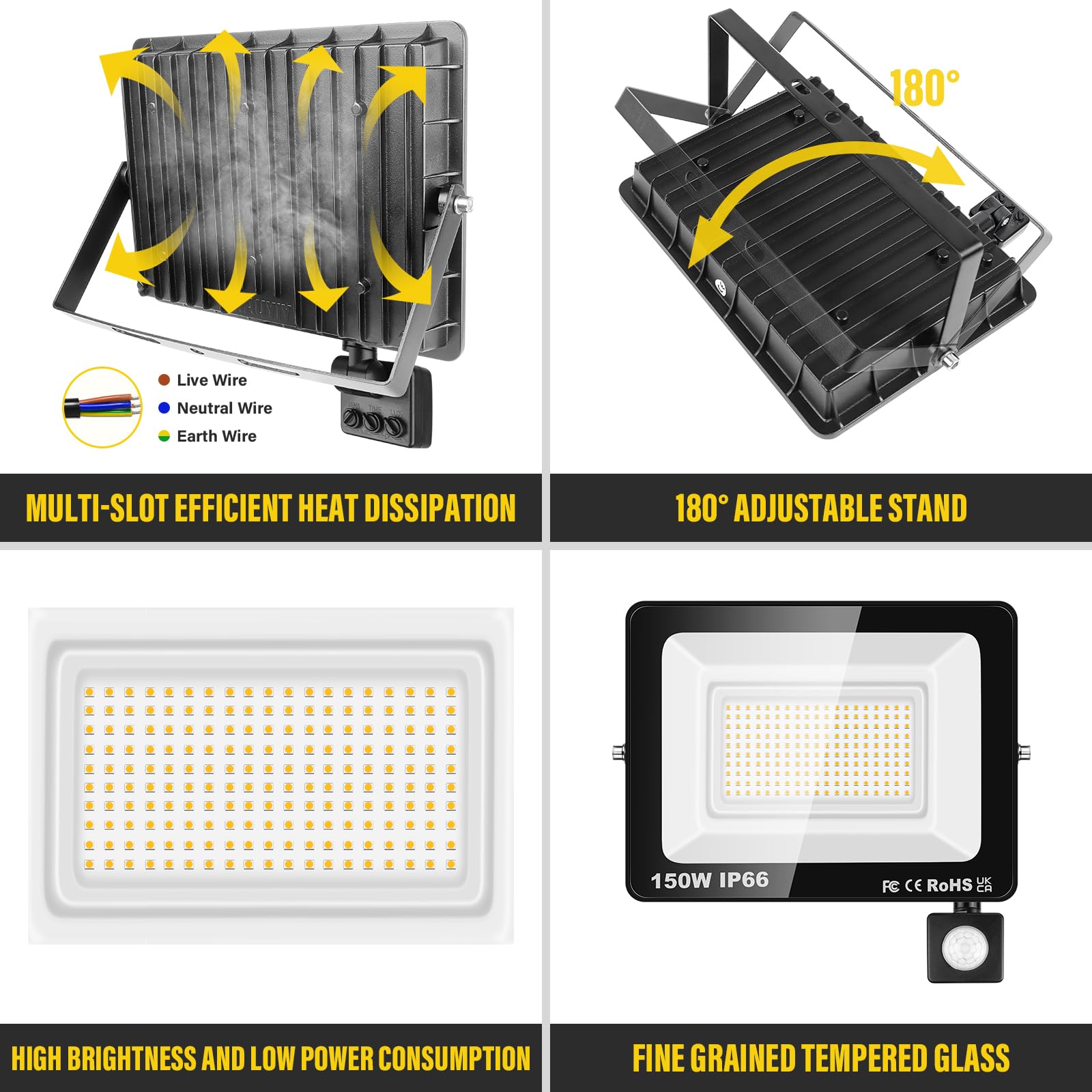 RIGIDON 2x 150W projecteur d'extérieur led avec detecteur de mouvement, PIR
