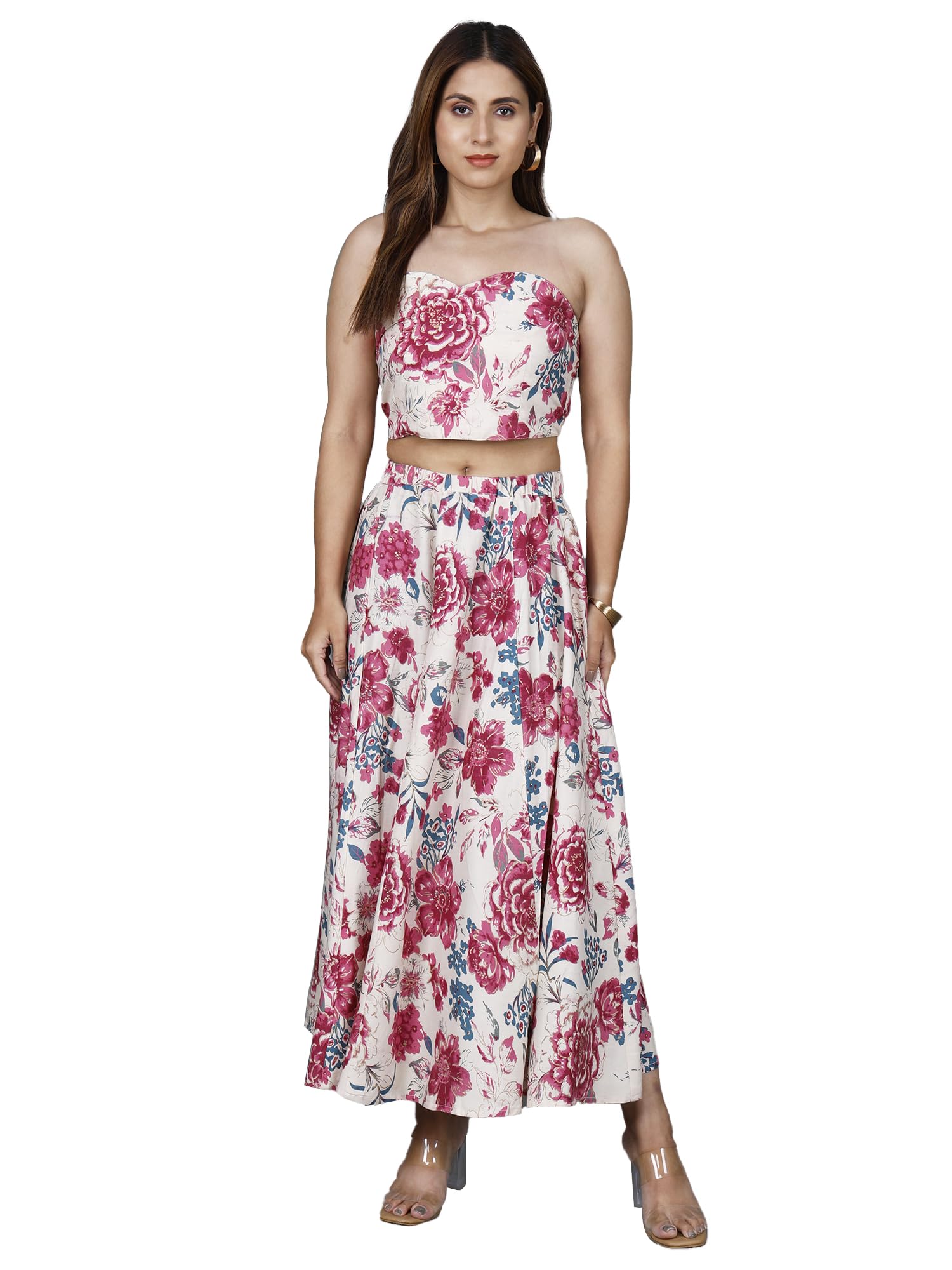 Women’s Floral Printed Strapless Crop Top & Flared Skirt Co-Ord Set | Cream & Pink