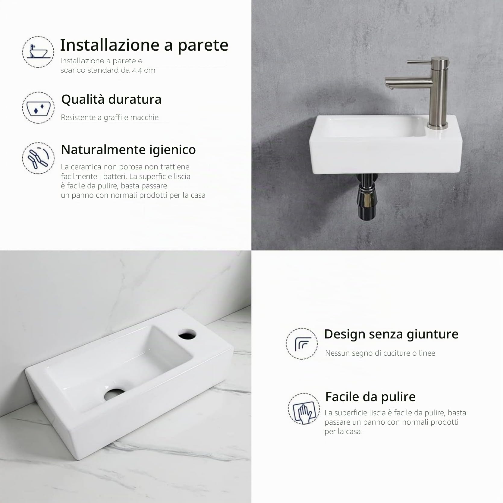 Ibergrif M41102-R Lavabo Rettangolare in Ceramica con 1 Foro per Rubinetto, Lavabo Sinistro a Parete, Dimensioni Piccole: 376 × 188 × 93 mm, Bianco