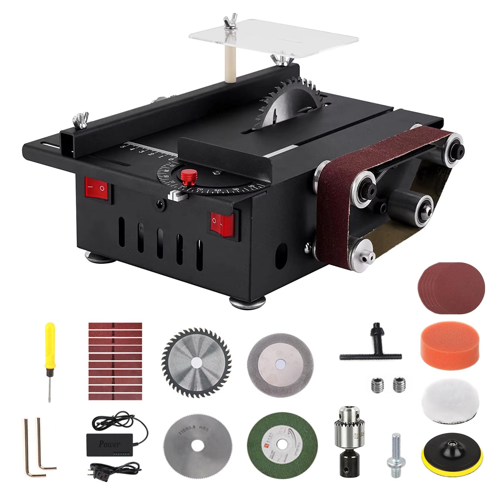 Mini Table Saw, Compact Saw with Belt Sander, 200W Multifunctional Portable for DIY, 4 Blades, Cutting Depth 0.1-30 mm