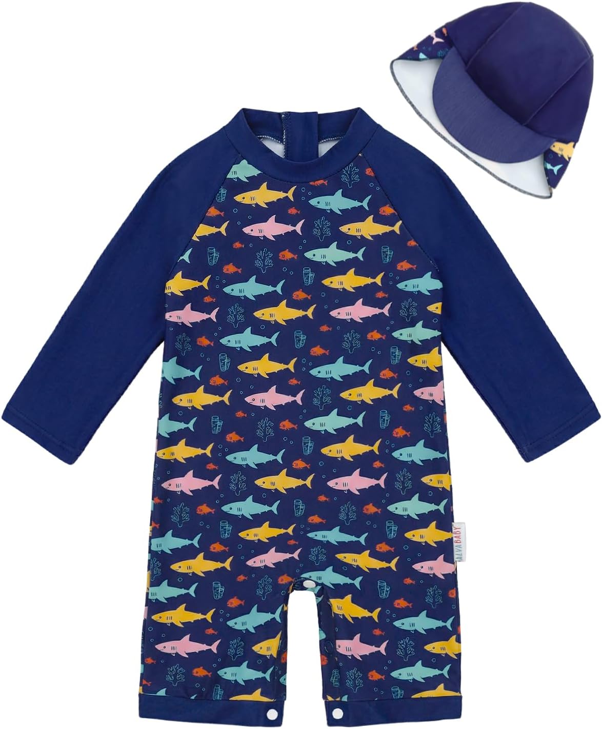 ALVA Baby Baby Boys Girls One Piece Swimsuit with Snap Bottom Toddler Long Sleeve Rash Guard Suit with Sun Hat UPF 50+