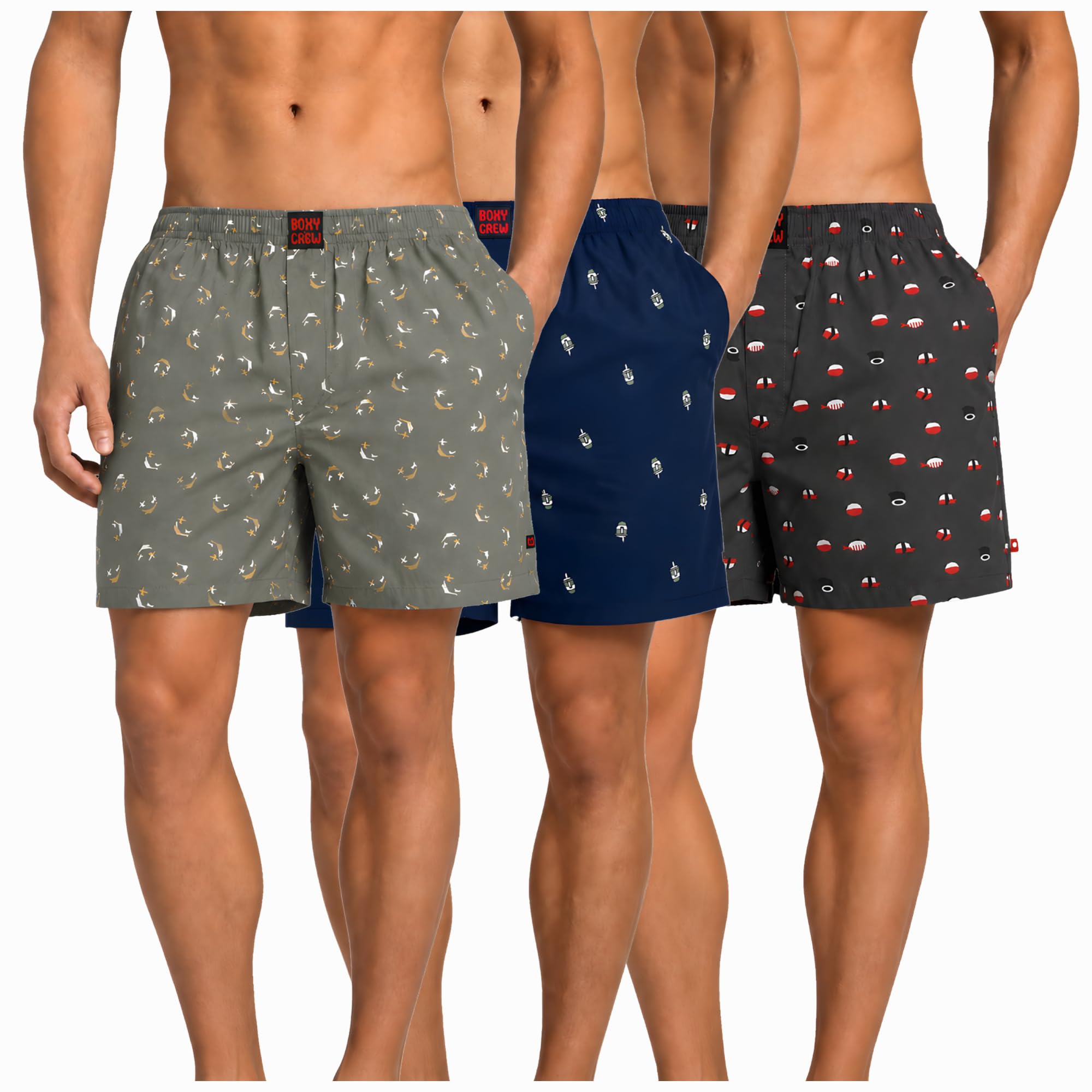 Men's 100% Cotton Boxer Shorts Pack of 3, Green, Navy Blue & Charcoal | Woven Boxers with Side Pockets, No-Marks Elastic Waistband, Breathable Relaxed Fit | Style 008-011-012-image-39