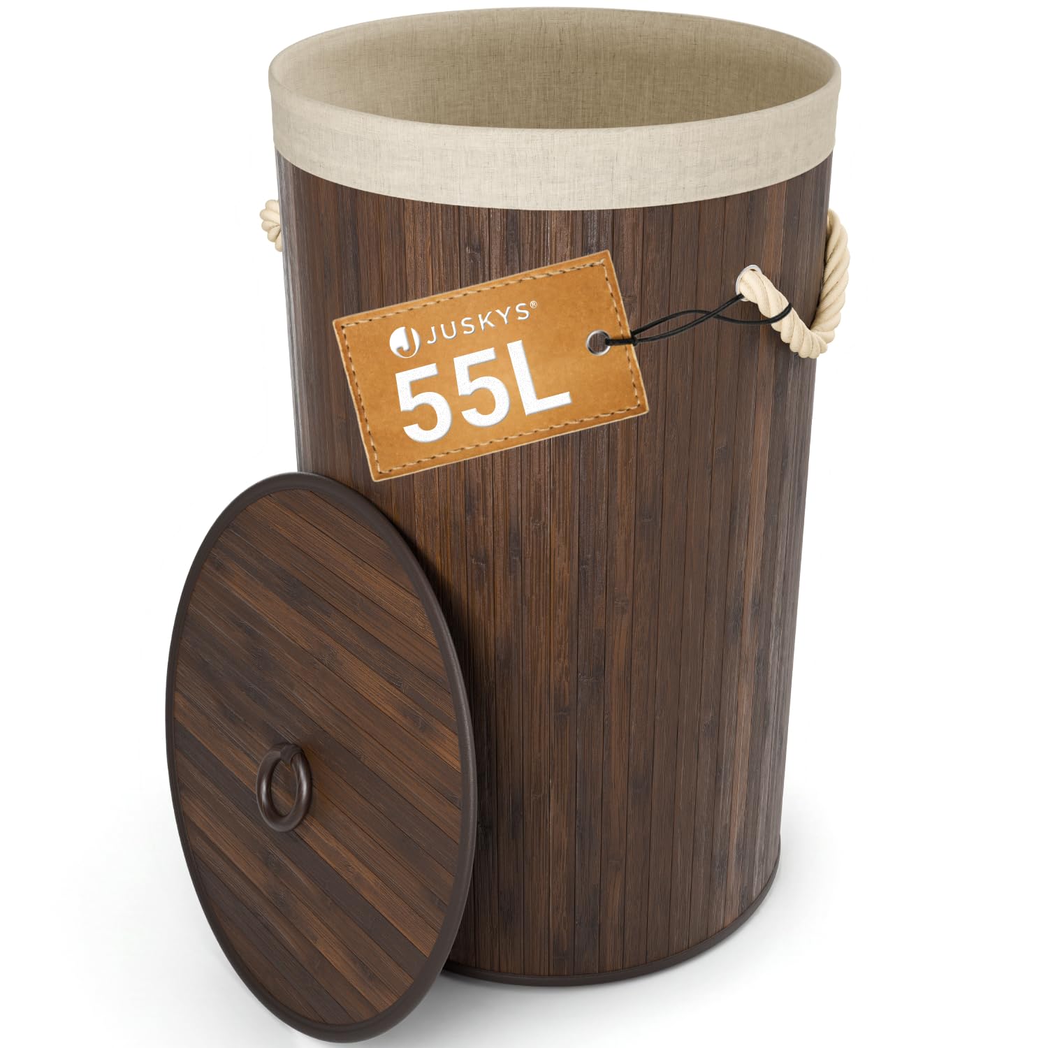 Juskys Cesto da bucato in bambù Curly-Round - capacità 55 litri - Cestino da biancheria con coperchio, maniglie di trasporto e sacca in tessuto - Cesto biancheria a 1 scomparto - marrone