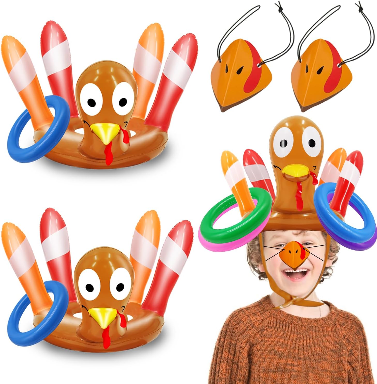 2 Pack Thanksgiving Ring Toss Games Toys for Kids Thanksgiving Inflatable Turkey Hats Toss Games Thanksgiving Family School Party Favors Decor Indoor Outdoor Party Game(2 Turkey Hats, 8 Rings)