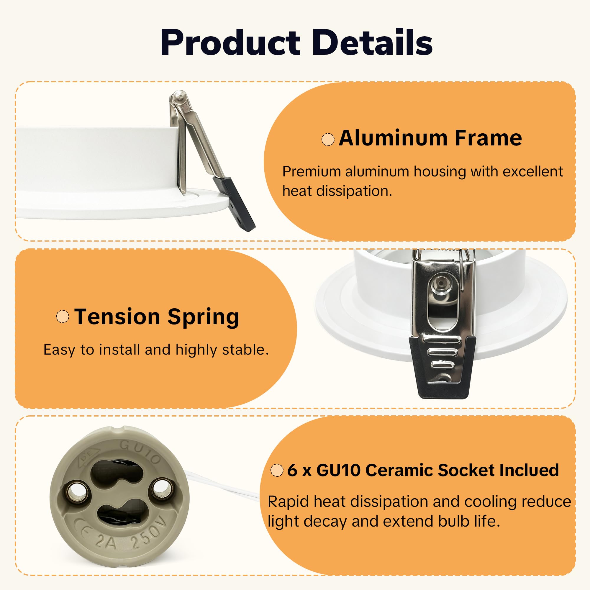 6 x Marcos Foco Empotrable GU10, IP65 Impermeable Aluminio Marco Ojos de Buey LED para Techo Incl. Portalámparas GU10, Blanco Redondo Antideslumbrante Marco Focos Ø65-75mm para Baño