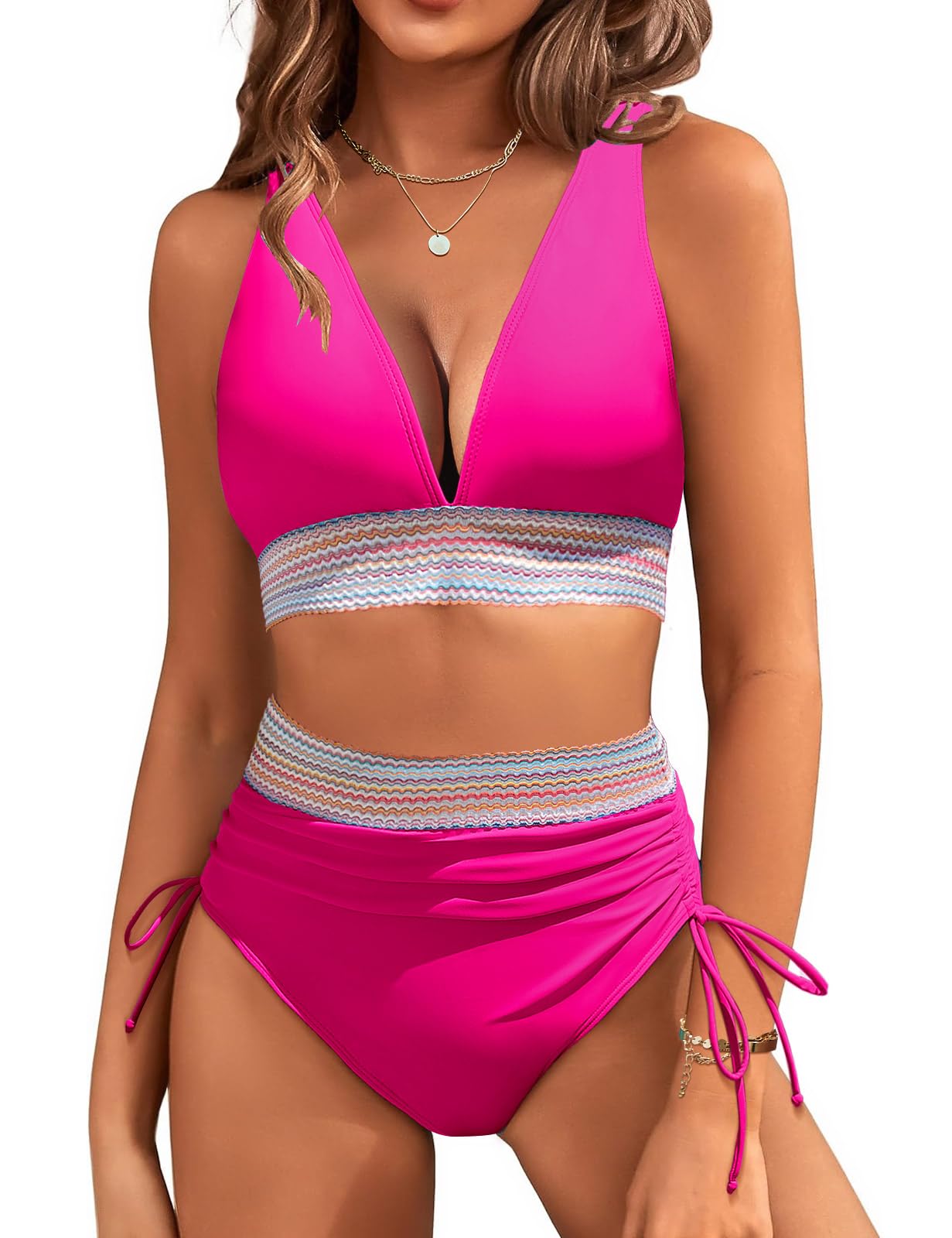 RITOSTA Bikinis Mujer Push Up Bañador Reductor Bikini Braga Alta Brasileño Trajes de Baño de Dos Piezas Bañadores Tallas Grandes Cuello en V Top con Relleno y Braguitas con Cordón