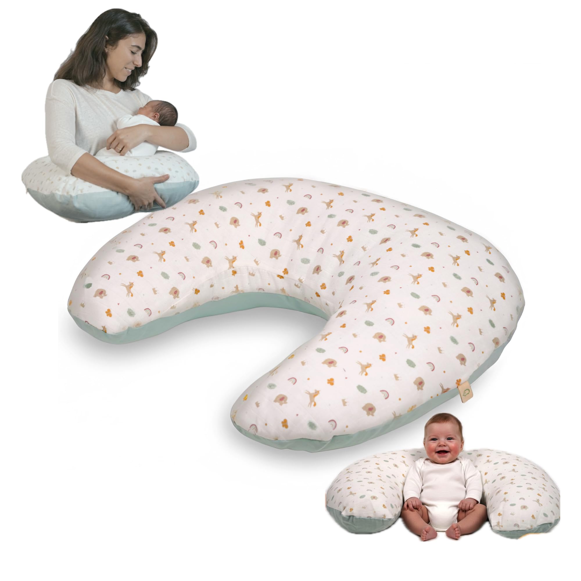 Cuscino Allattamento Neonato in Mussola Morbida 100% Cotone, Sfoderabile e Lavabile, Forma U per Gravidanza, Biberon e Supporto Baby