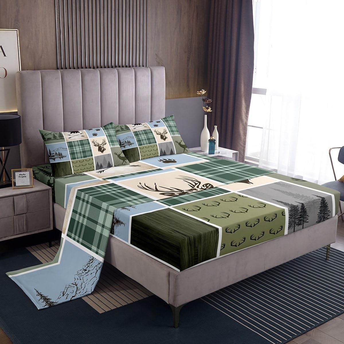 jejeloiu Rustic Cabin Deer Fitted Sheet Twin Size Kids Hunting Country Farmhouse Bedding Set for Boys Girls Teens Wild Animal Bed Sheets Set Deep Green Bed Cover