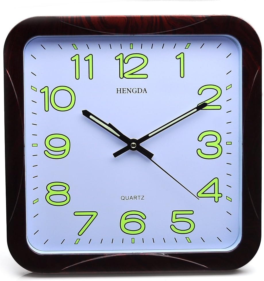 Deedo Modern Non Ticking Silent Luminous Quartz Analog Digital Wood Grain Square Wall Clock