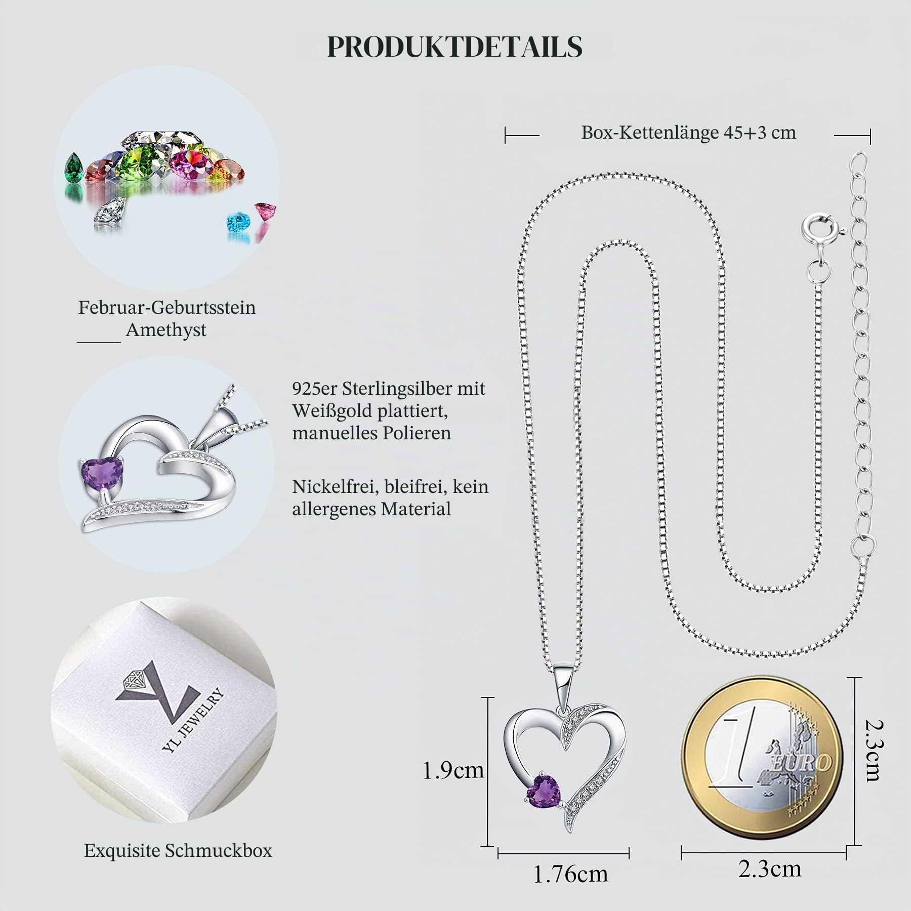 YL Herz Halskette Damen Silber 925 Anhänger Herz mit 12 Geburtsstein Zirkonia Kette für frauen, 45-48 CM