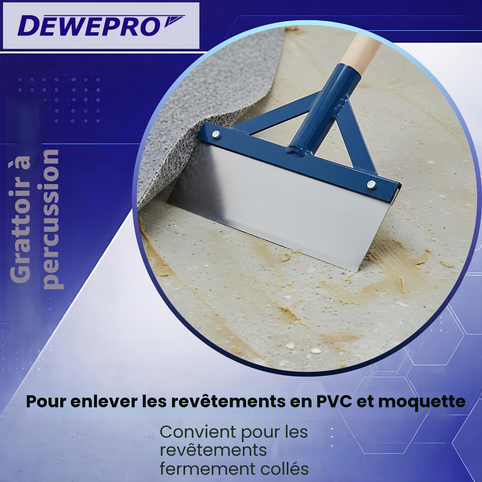 DEWEPRO Grattoir à choc avec manche en bois - Grattoir pour sol, goudron, plâtre, mortier – Très stable avec entretoises et lame en acier à ressort - Largeur : 300 mm - Longueur totale environ 137 cm. | Grattoir de sol robuste pour enlever la peinture, le