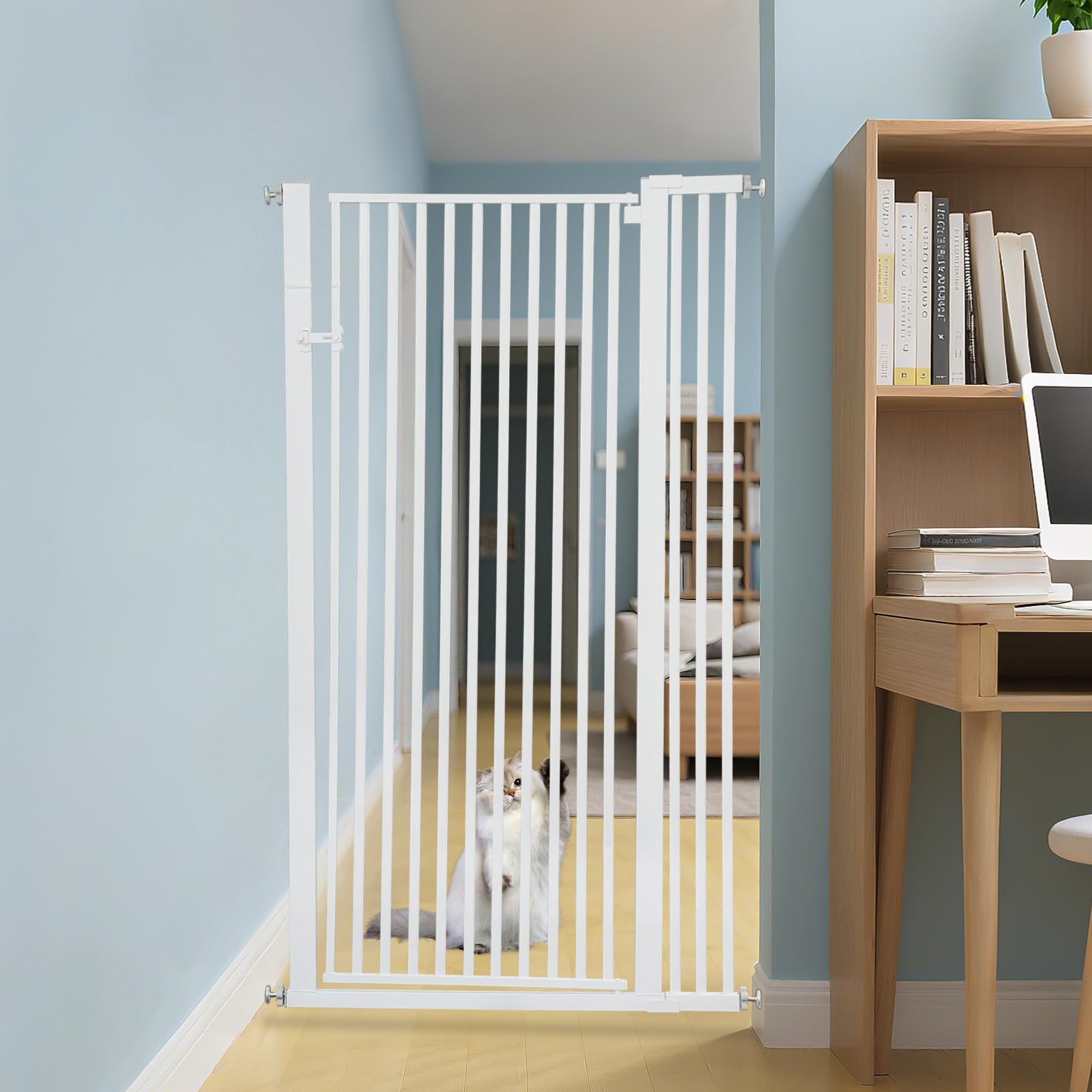 Barrera de seguridad para escaleras para niños, rejilla de puerta de 150 cm para gatos, rejilla de puerta sin perforación para bebés, gatos y perros | Ancho: 90-97 cm | Gira a ambos lados (270°