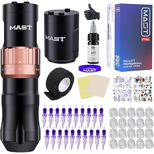 Mast Fold2 Tattoo Gun Kit, Wireless Complete Tattoo Kit, 7 Strokes Length Tattoo Machine, 2 Batteries Power Supply, Pro Tattoo Needles Cartridges Black Inks QP-047