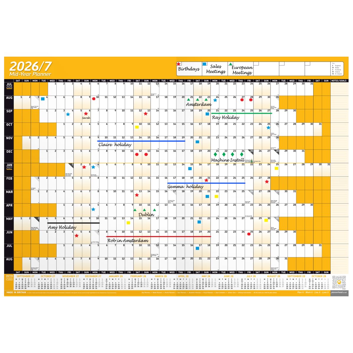 PlannerHead 2026/27 Academic Wall Planner/July 2026-August 2027 Calendar UK/Unmounted Unlaminated Year Planner Poster/Orange A2+ 43cm x 62cm (Folded Flat)