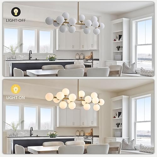 Miniatura 5 de APBEAMLighting Candelabro de comedor dorado sobre la mesa, candelabro rectangular moderno de mediados de siglo, pantalla de globo de vidrio blanco