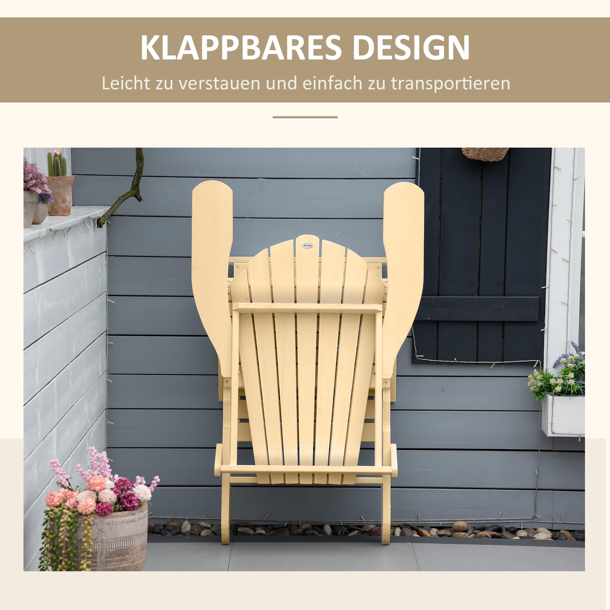 Outsunny Adirondack Stuhl Klappbar Adirondack Chair aus Holz Outdoor Gartenstuhl mit Fußstütze Hoher Rücken- und Armlehnen Balkonstuhl Gartensessel für Garten, Balkon 78 x 140 x 94cm Natur