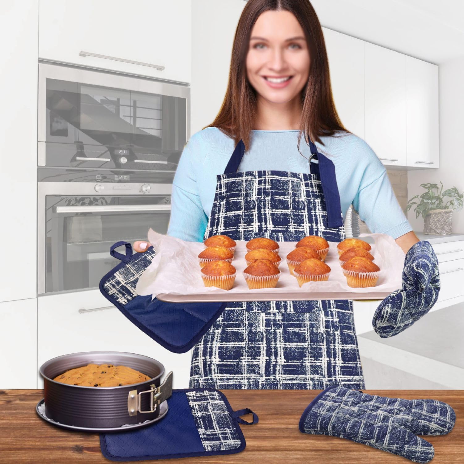 Alselo Juego de 5 guantes de cocina resistentes al calor y agarraderas antideslizantes de silicona con hebilla ajustable para el cuello, diseño bonito de algodón para cocinar (azul marino)
