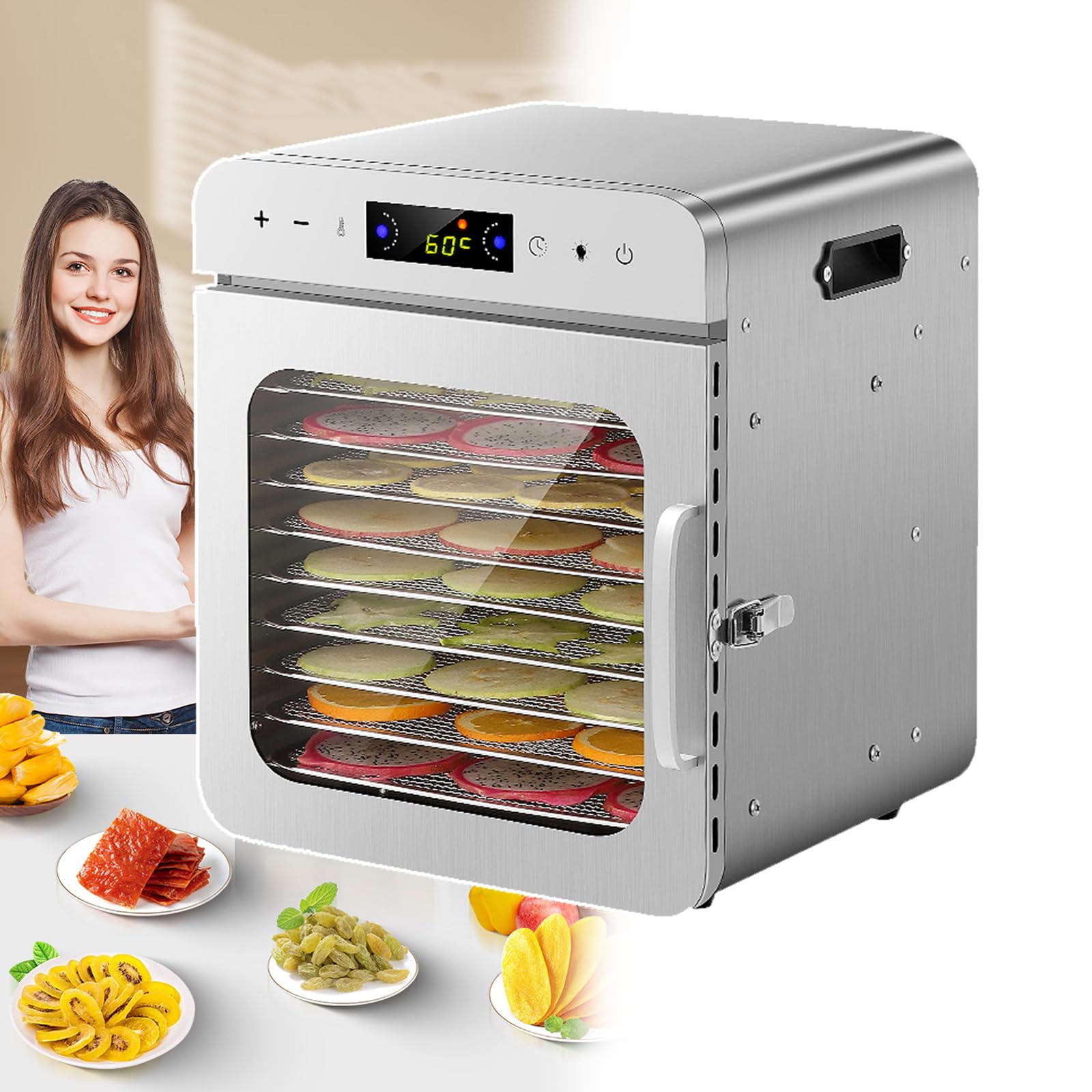 Secador eléctrico de alimentos con 10 cajones, Snacks Secador de Frutas Vegetales Carne Secadora De Carne, Acero inoxidable, Temporizador Ajustable Para Frutas Verduras Carne Mascota