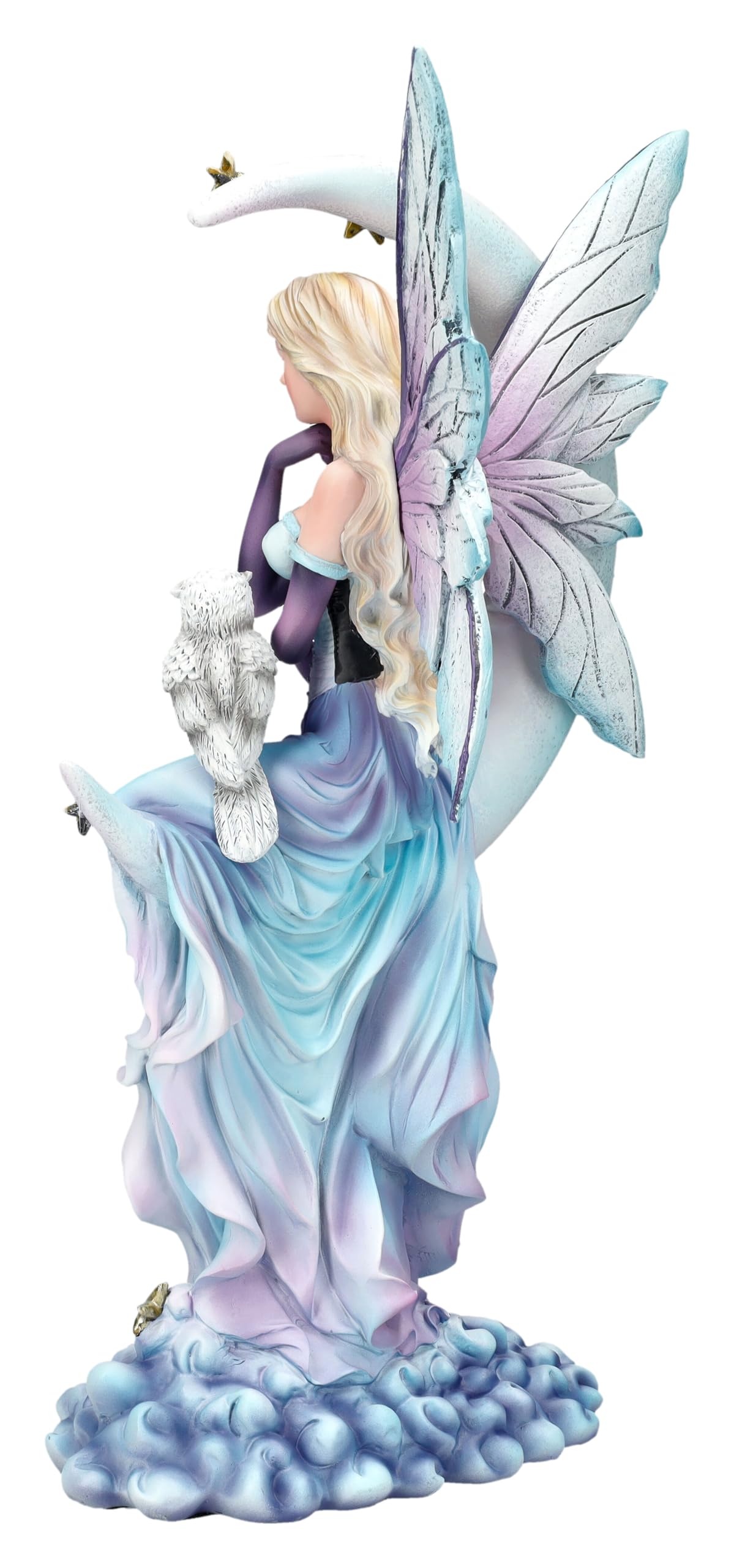 Figuren Shop GmbH Elfen Figur Wächterin der Träume auf Mond 34 cm - Eule Wolken Sterne Fee Deko Fantasy