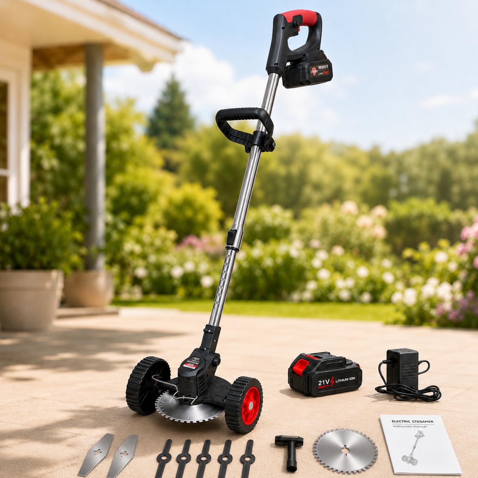 Desbrozadora a Batería 21 V con Ruedas y Mango Telescópico Black-5-CellBattery | Las dos ruedas grandes estabilizan el cabezal, mantienen una altura uniforme y reducen el esfuerzo de brazos y espalda