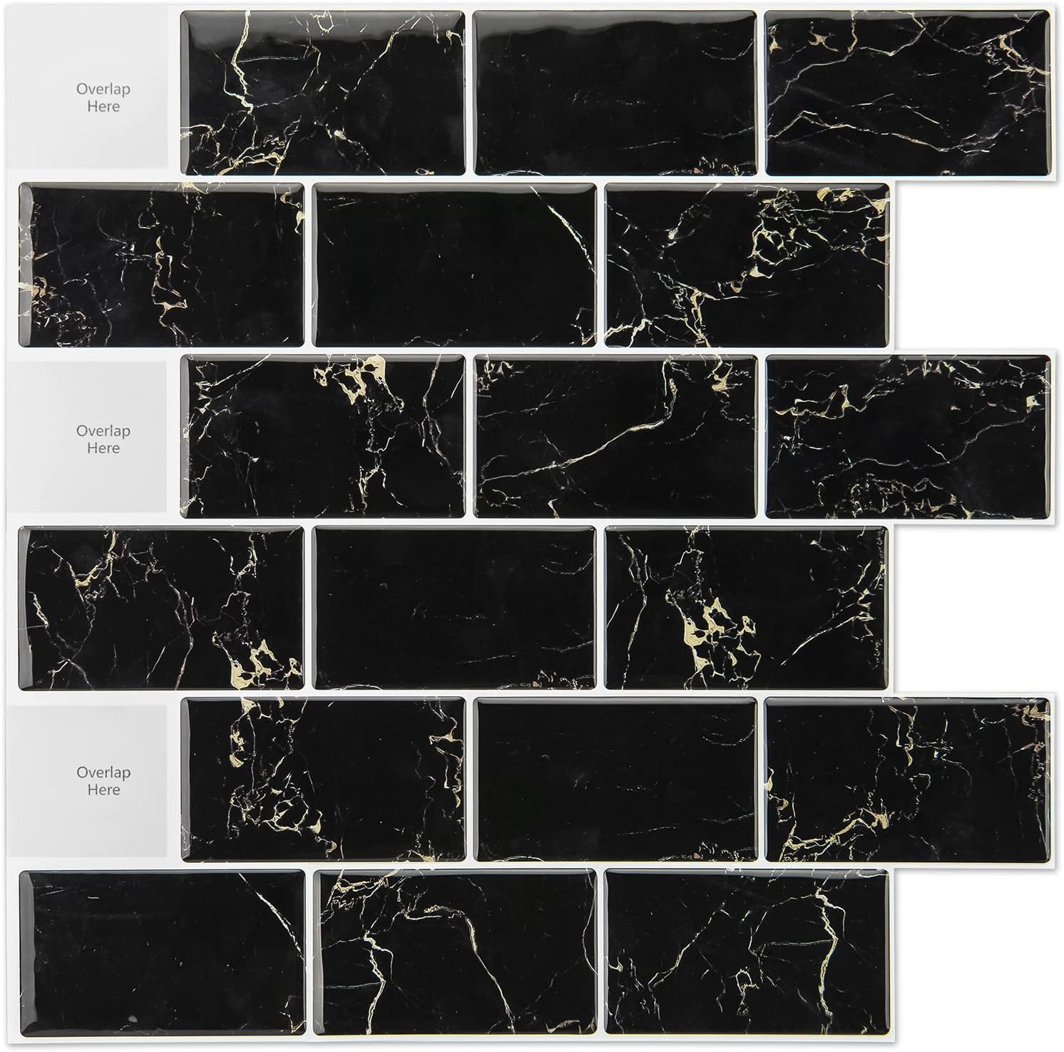 10-Sheet Peel and Stick Subway Backsplash, 12 in. x 12in. Black Marble Design