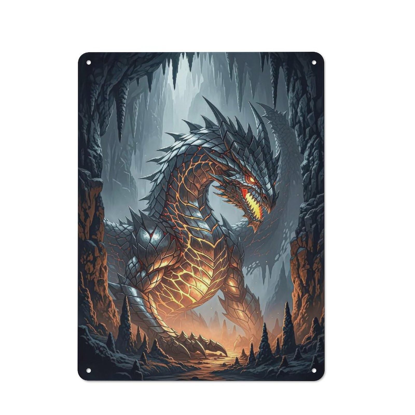 Junmoney Style-21 Fiery Dragon In Cave Rustic Metal Sign 40X30cm For Garden Room Or Summerhouse, For Themed Interiors In Garden Rooms And Summerhouses