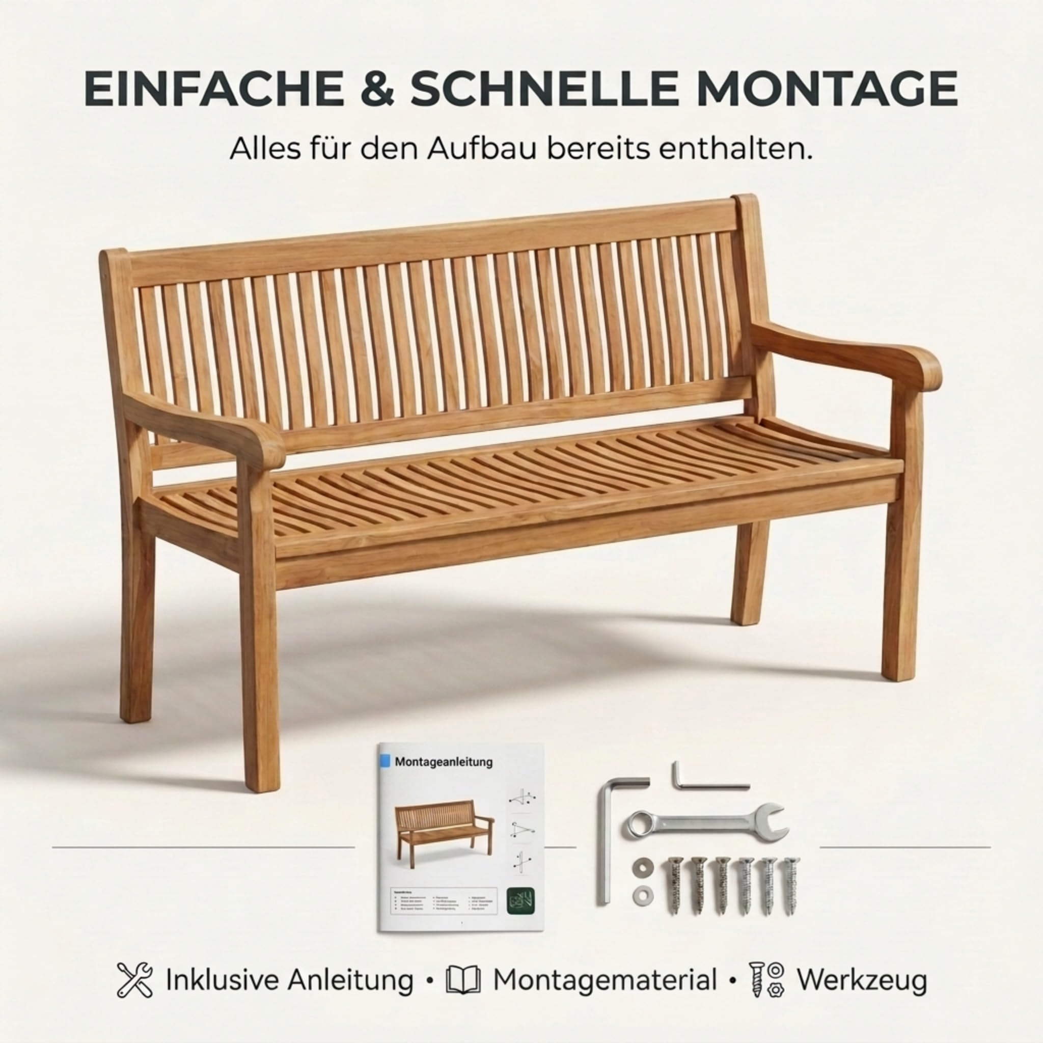 SAM Premium Gartenbank Kingsbury 3-Sitzer 150 cm, Gartenbank aus Teakholz massiv mit ergonomischer Sitzfläche und Armlehnen, wetterfeste Holzbank für Garten Terrasse Balkon, Sitzbank lackiert