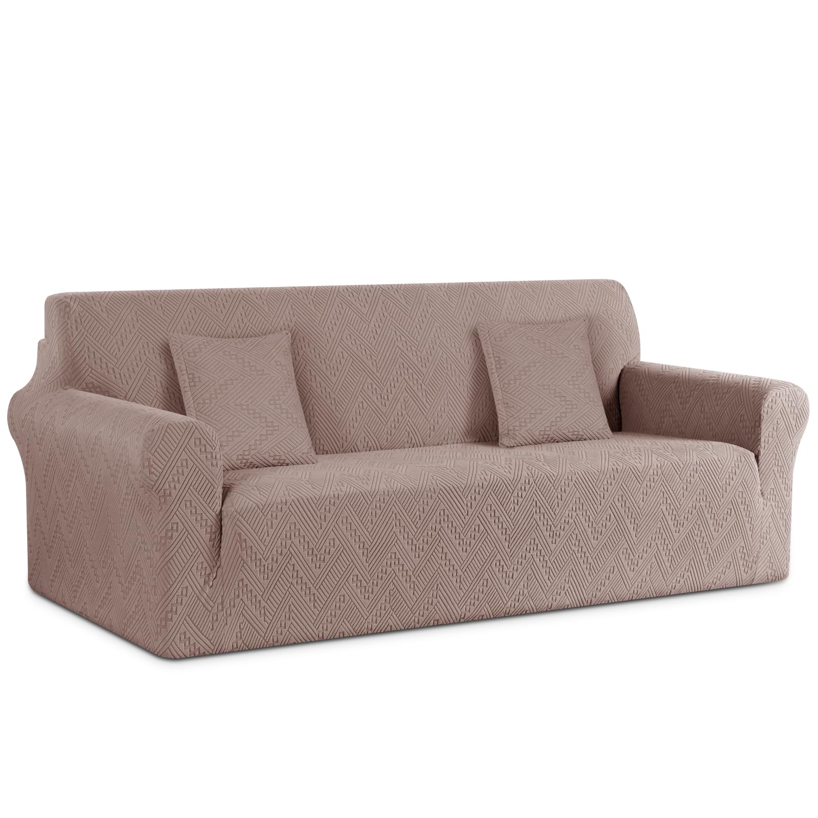 Ruaozz Stretch Sofa Cover 1 Piece Couch Covers for 3 Cushion Couch Non Slip Universal Sofa Slipcover Washable Soft Jacquard Furniture Protector with 2 pcs Throw Pillow Covers (3 Seater, Khaki)