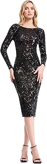 Womens Emery Long Sleeve Stretch Sequin Midi SheathDress