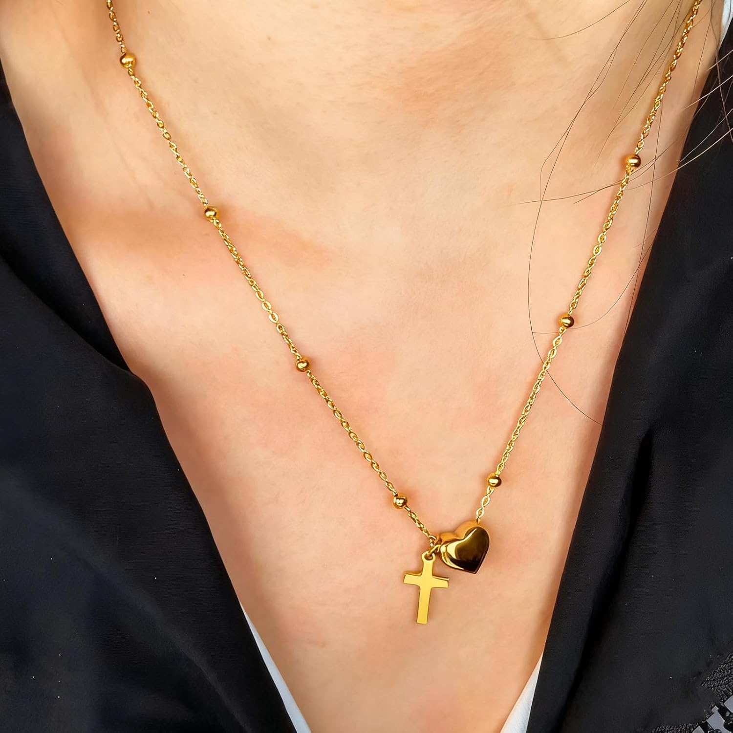 Dainty Gold Heart Cross Necklace Stainless Steel Tiny Heart Choker Necklace Small Sliver Cross Beaded Chain Necklace for Women Religious Jewelry - Image 3