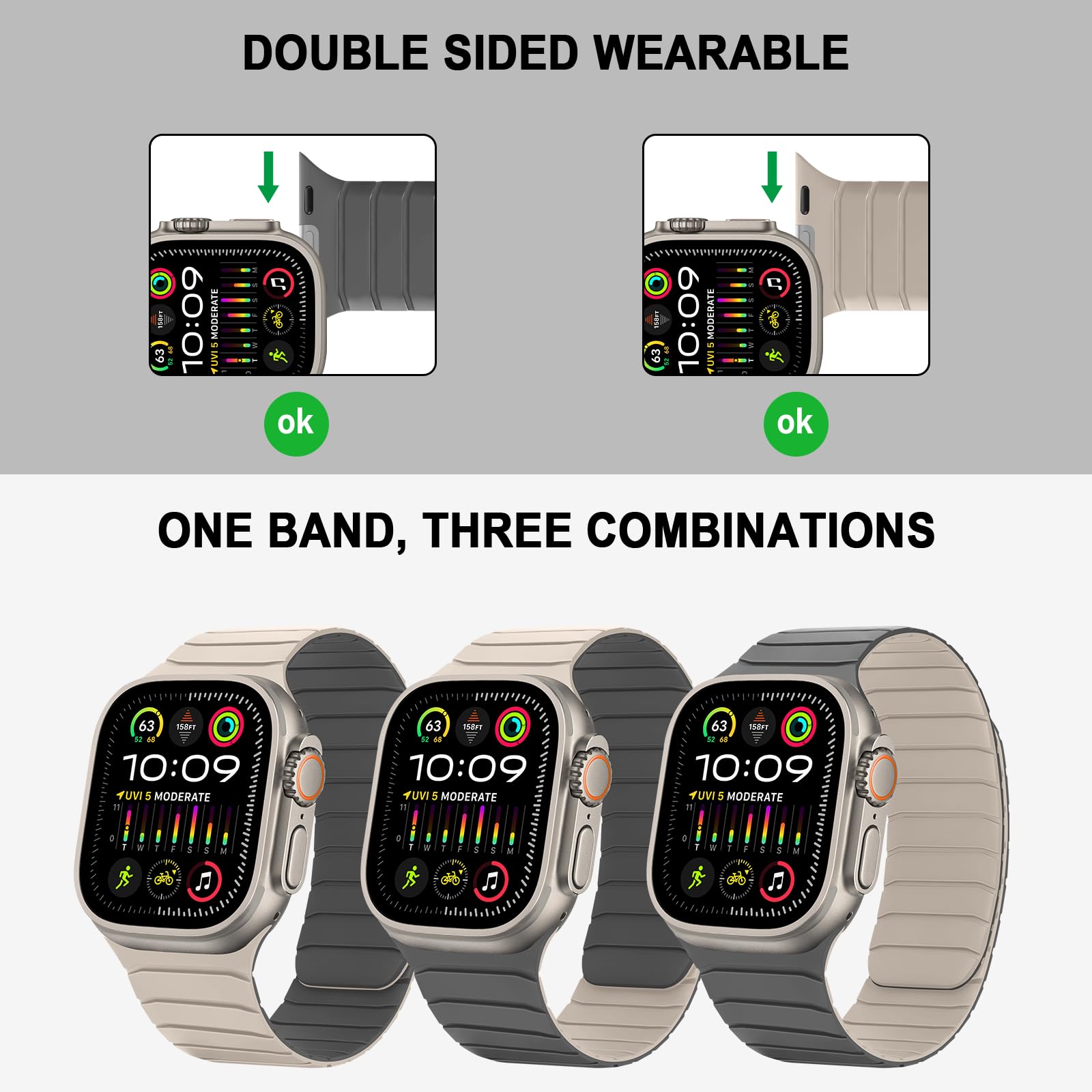 Tasikar Dwustronny pasek magnetyczny kompatybilny z Apple Watch 49mm 46mm 45mm 44mm 42mm, Miękki silikonowy pasek sportowy do iWatch Ultra SE Series 10 9 8 7 6 5 4 3 2 1