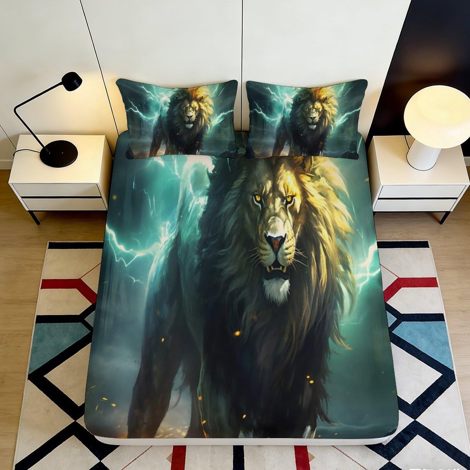 3D Printed Thunder Lion Fitted Sheet Microfiber Anti-Slip Mattress Cover Lightning Animal Decor for Bedroom Dorm Easy Care 90x200x25cm