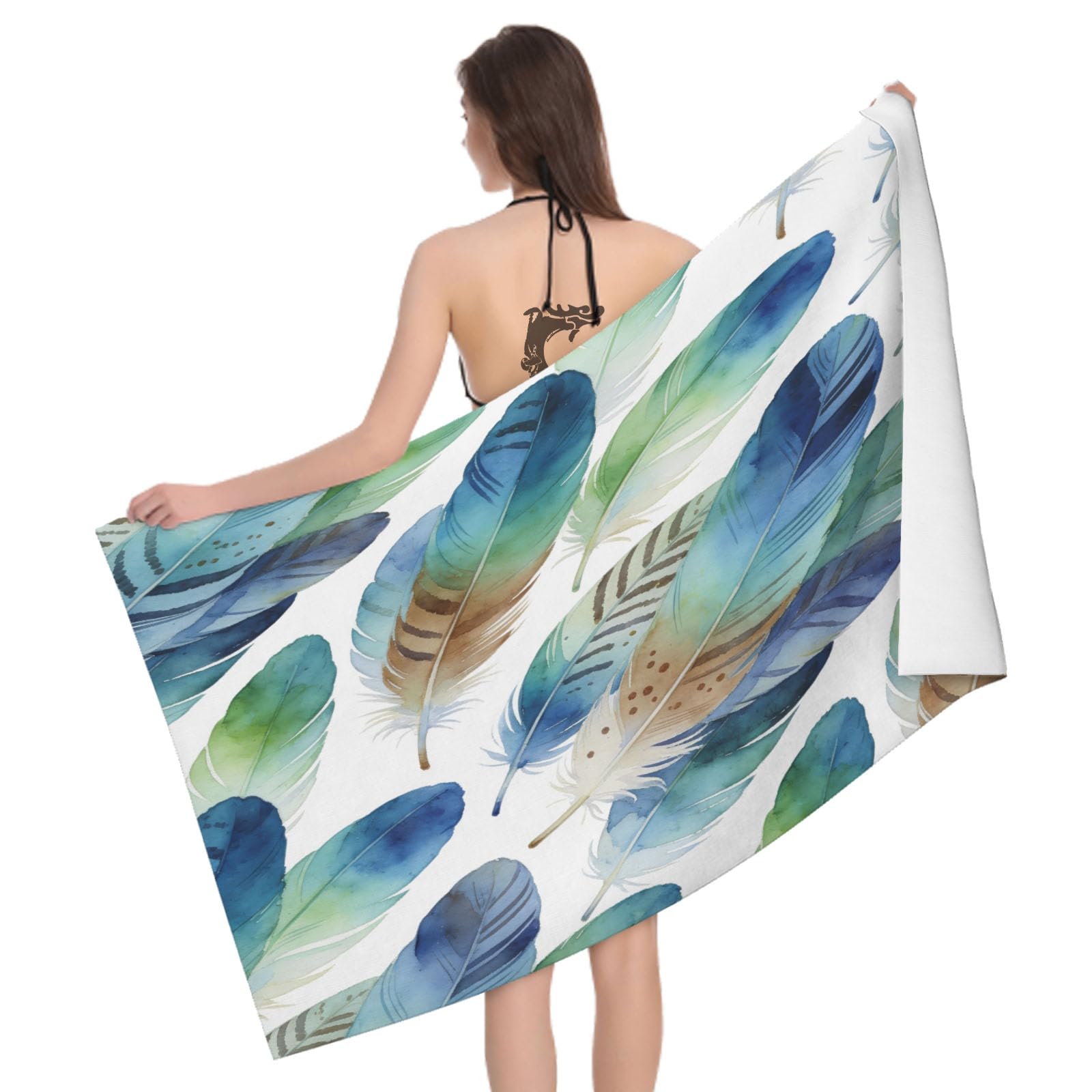 Leichong 3D Feathers Pattern Beach Towel Microfiber Soft Quick Dry for Adults, Feathers Pattern Bath Towel Lightweight Soft Absorbent for Travel Swimming Pool Sports, 75 x 150 cm