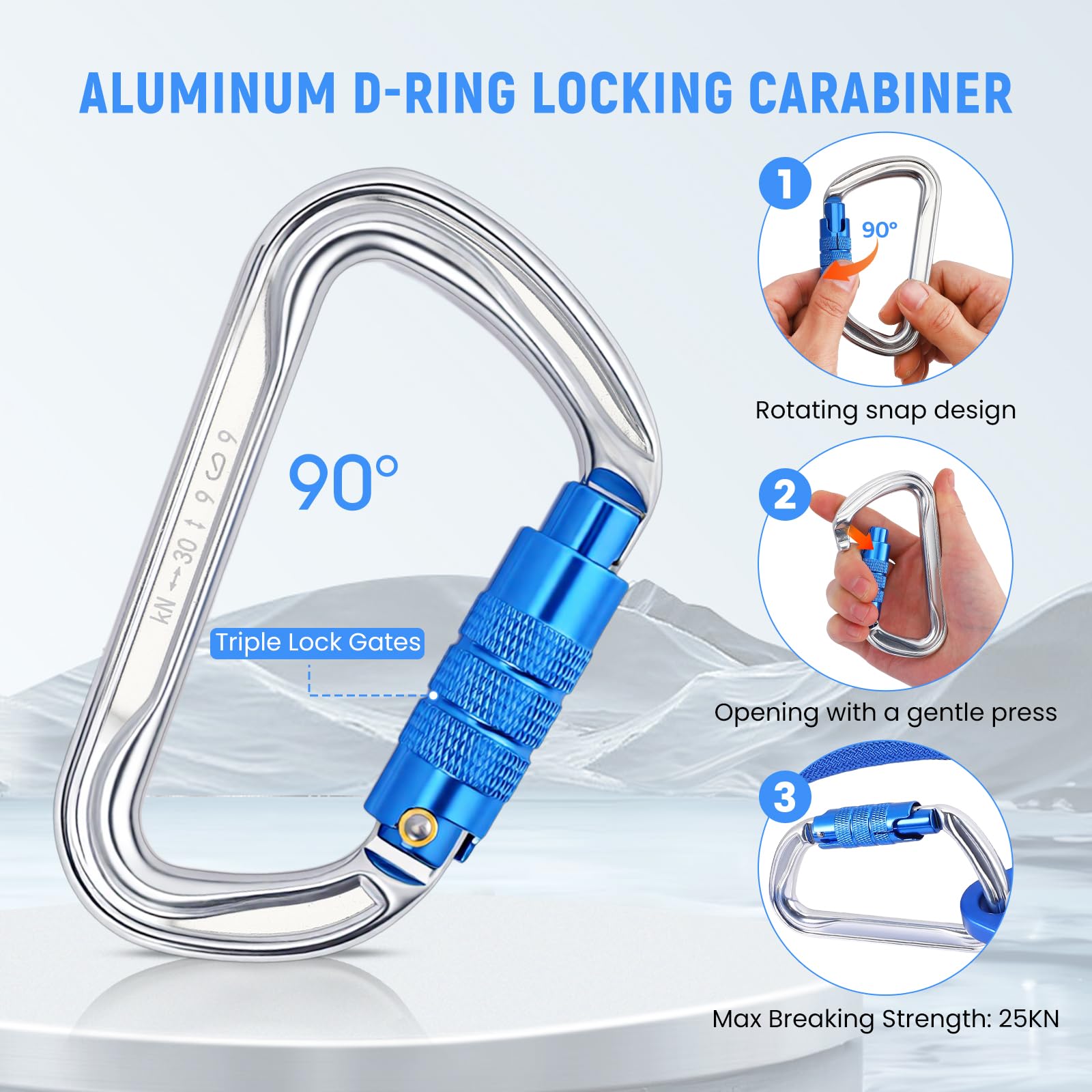 Flip Line Kits avec noyau de câble en acier, lanière en acier avec mousqueton à triple fermeture, cordon d'escalade réglable, pour arbres, arboriculteurs, anti-chute