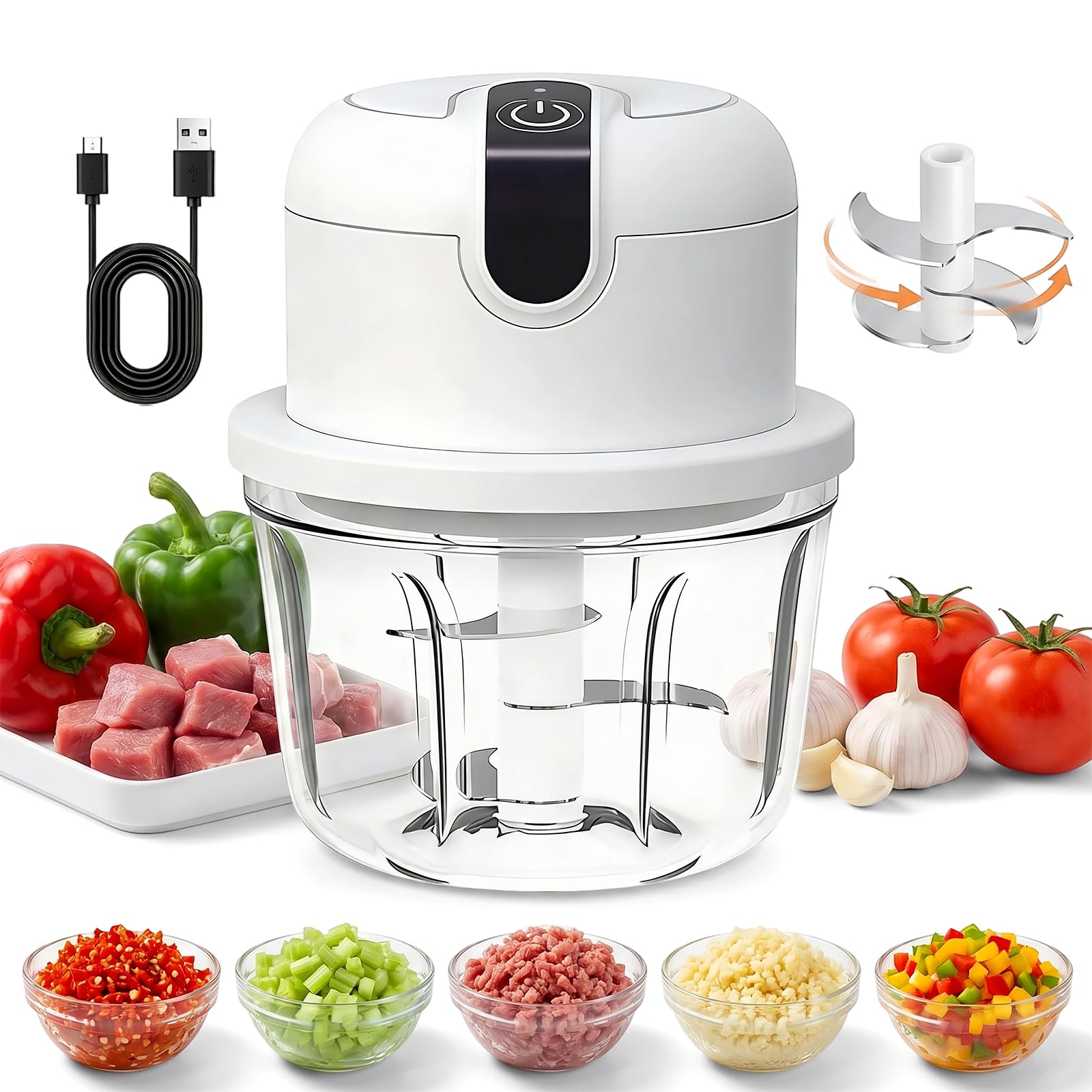 Elektrischer Küchenzerkleinerer, Mini Zwiebel Zerkleinerer Elektrisch, Zwiebelzerkleinerer Elektrisch 350ml, Kabelloser Zwiebelzerkleinerer für Zwiebeln,Obst,Nüsse,Fleisch,Knoblauch