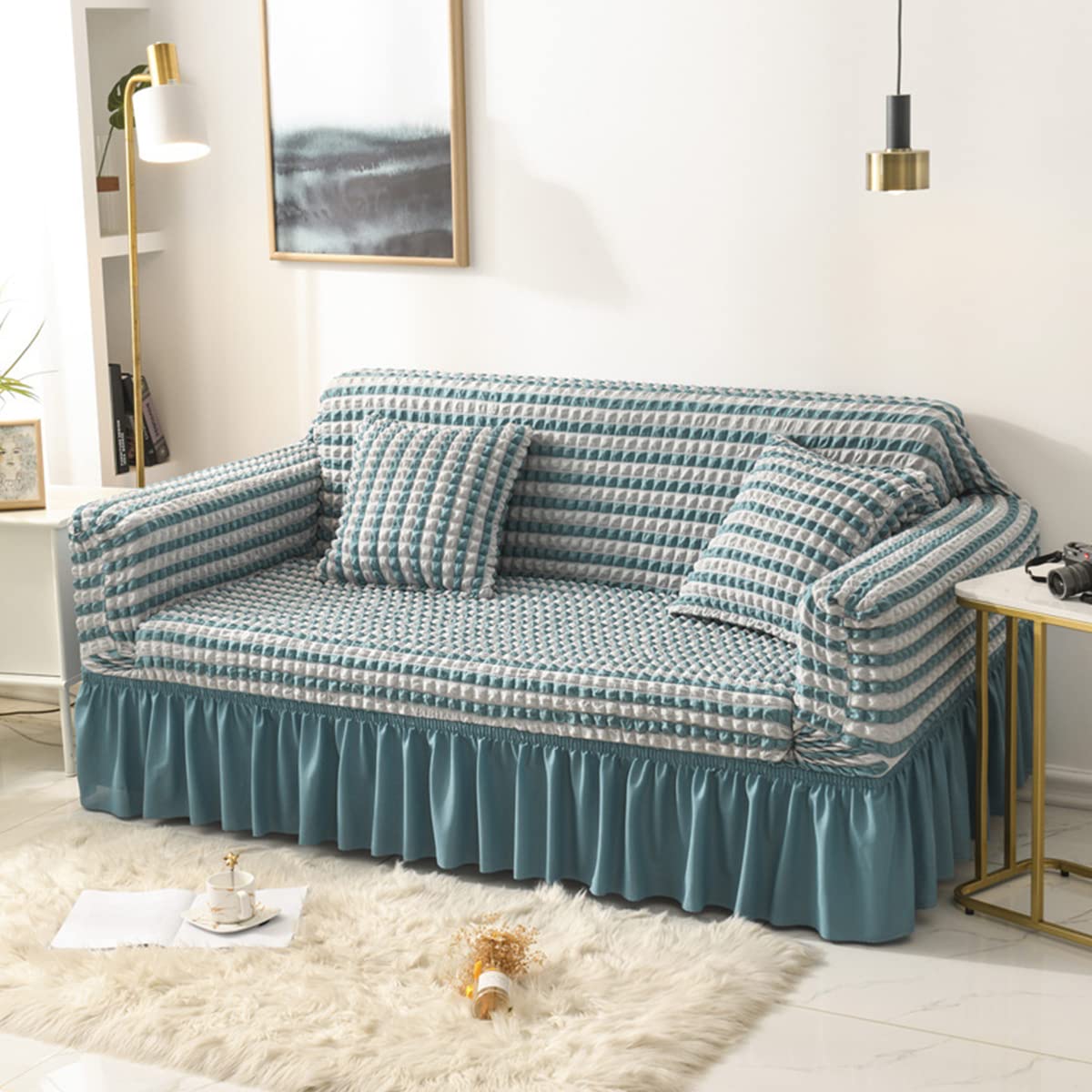 Housse de canapé élastique 2 places avec jupe à volants beige pour salon
