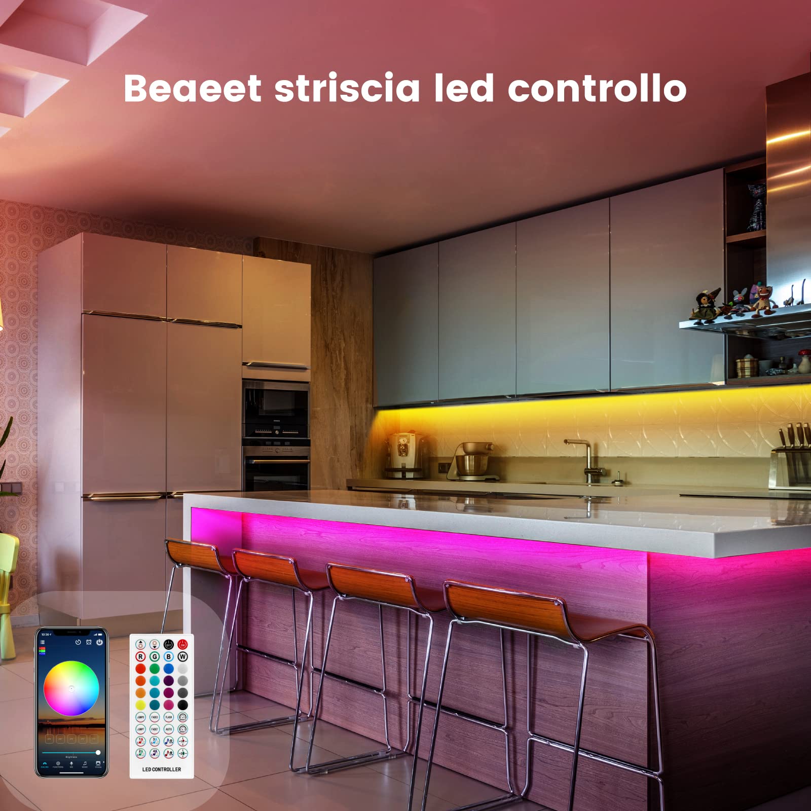 Beaeet Striscia Led 15 Metri, Led Striscia Comandabile Tramite app E telecomando,Strisce Led Sincronizzazione Musicale,per Decorazioni Casa, Bar, Festa