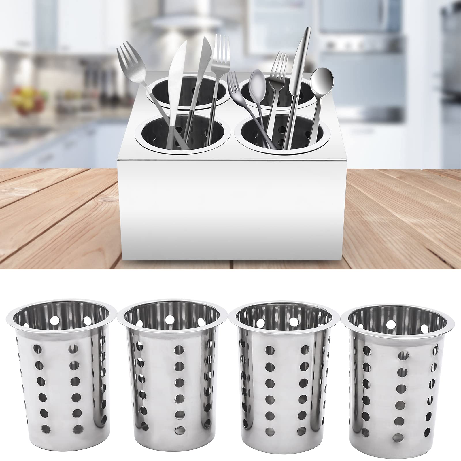 Soporte para cubiertos con 4 agujeros, acero inoxidable, con cilindro, para utensilios con patas de goma antideslizantes para cocinas, cafeterías, cafeterías, despensas