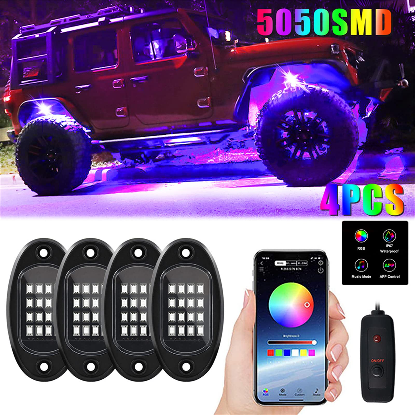 RGB LED Rock Lights, Multicolor Neon Underglow Kit De Iluminación Con APP Control Remoto Chasis Lámparas De Música Decorativas Modo De Control Para Camión UTV SUV, Resistente Al Agua,4 pcs