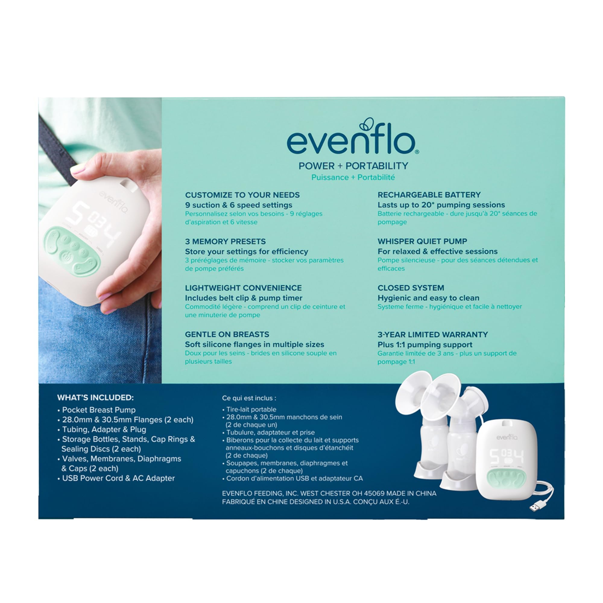 Evenflo Pocket Pompe à lait portable 20 séances de pompage pour charge 9 réglages d'aspiration 3 réglages de mémoire Blanc