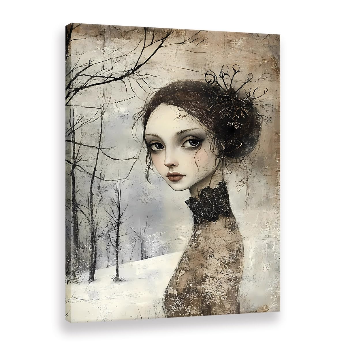 Peinture d'art mural femme française : poster vintage sur toile de Noël d'hiver