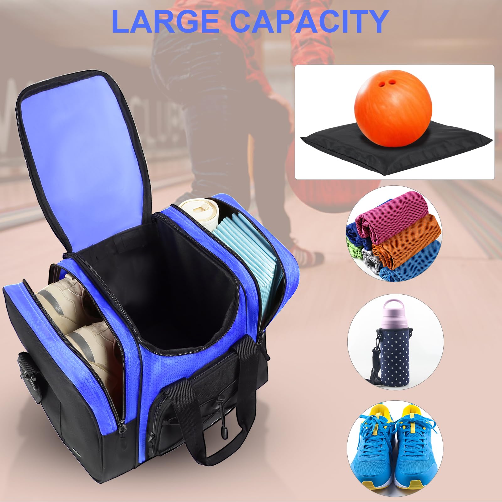 DAFISKY Sac fourre-tout pour boule de bowling avec support rembourré, 2 poches pour chaussures de bowling jusqu'à la taille 42 et accessoires (bleu)